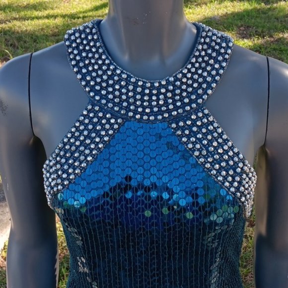 NITELINE by DELLA ROUFOGALI VINTAGE BLUE SEQUIN/STUDDED COLLAR COCKTAIL DRESS - Picture 4 of 17